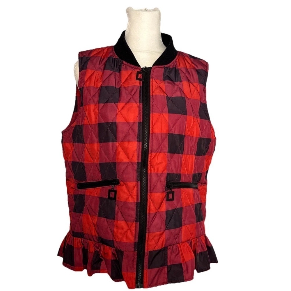 Charlie Paige Women’s Plaid Quilted Vest With Ruffle Size M